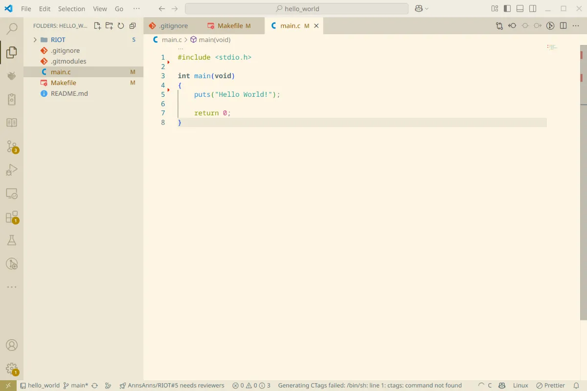 The hello world program in Visual Studio Code